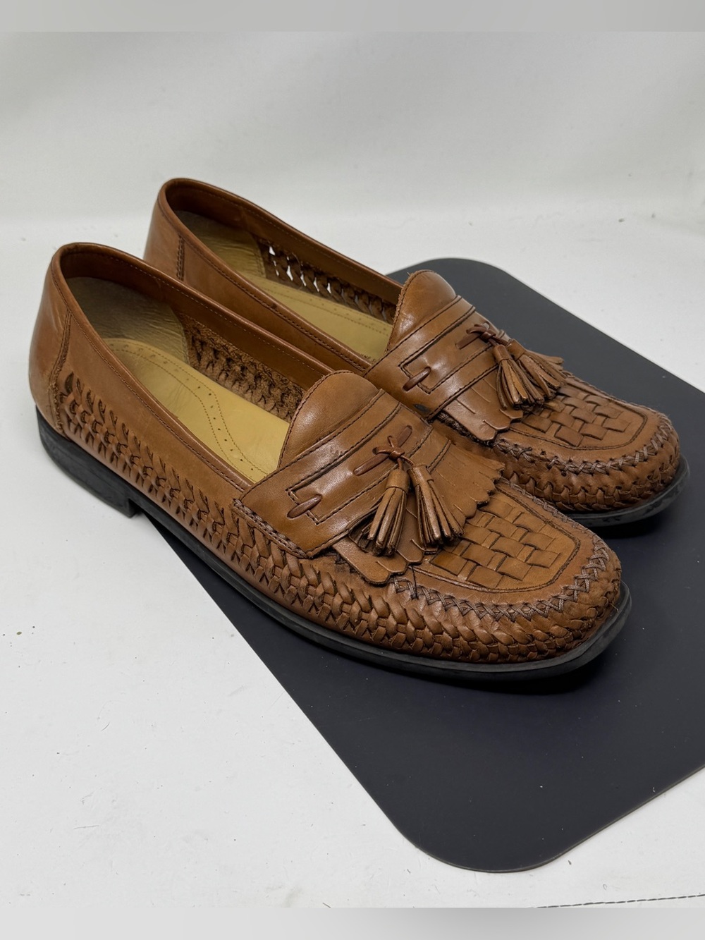 Brass Boot Woven Genuine Leather Tassel Loafers Brown Size 12